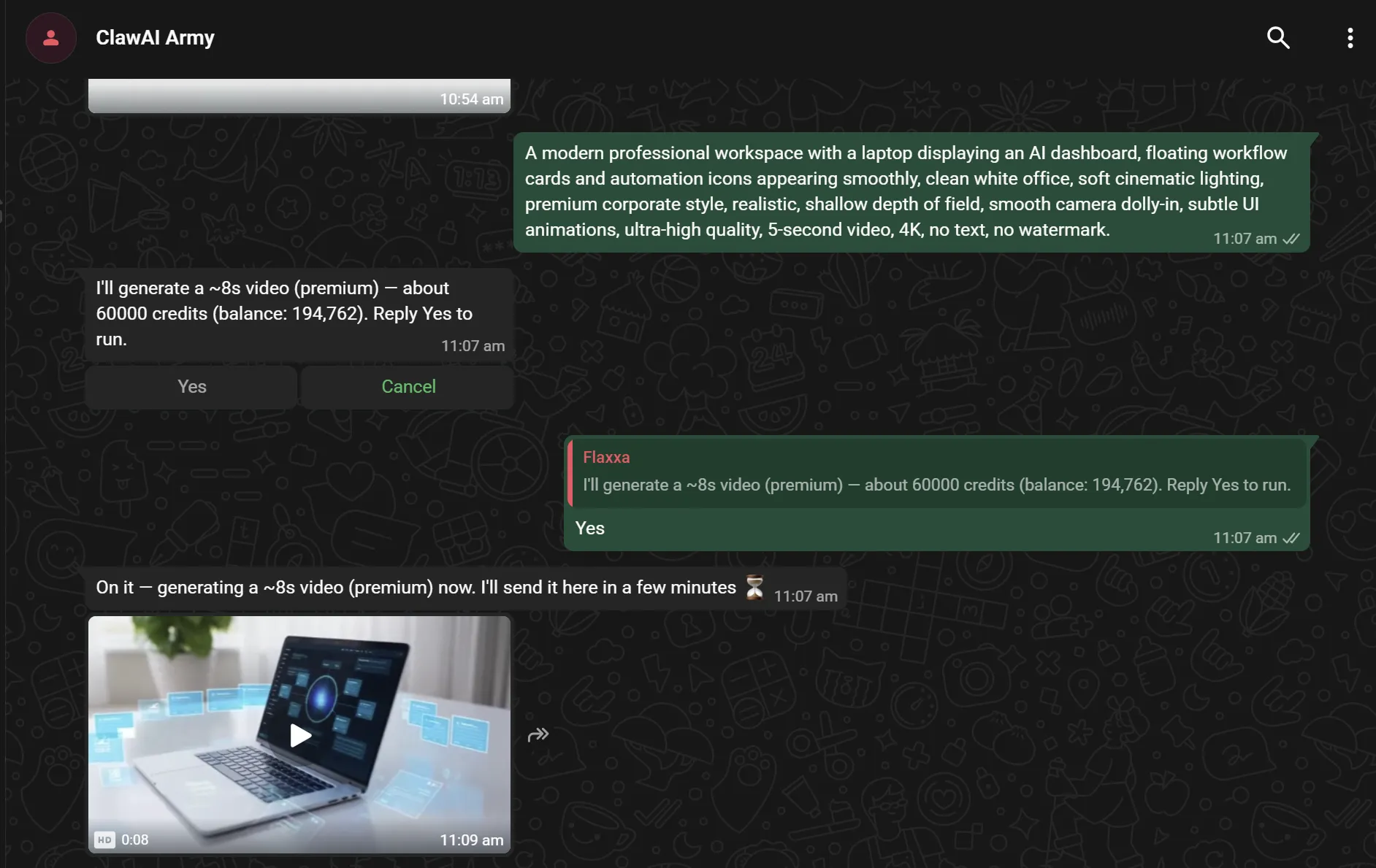Claw AI Army WhatsApp integration showing chat interface